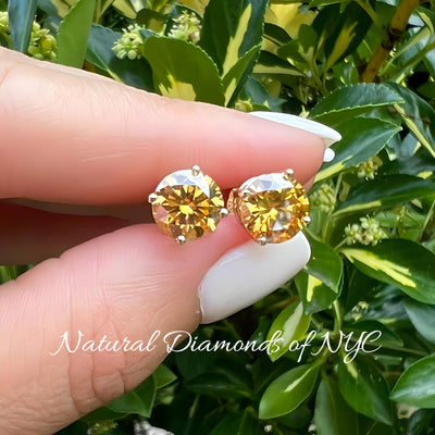 Champagne • Moissanite Stud Earrings • GRA Certified • 14K Gold Solid Round Cut • Green Moissanite Stud • Stud Earrings • Moissanite Earring