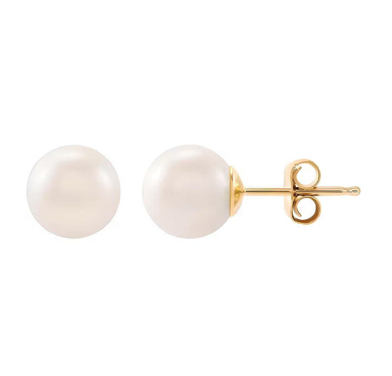 14K Cultured Pearl Studs - 14K Handmade Solid Gold Genuine White Pearl Earrings Push Back Earrings-14K Pearl Studs