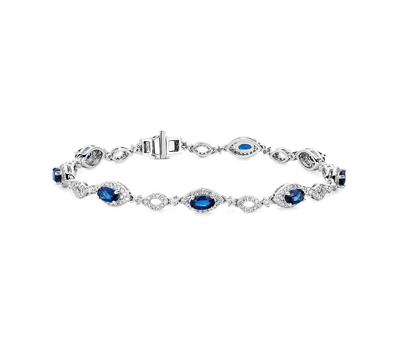 4.04 Oval Sapphire and Round Diamond Bracelet in 14k White Gold