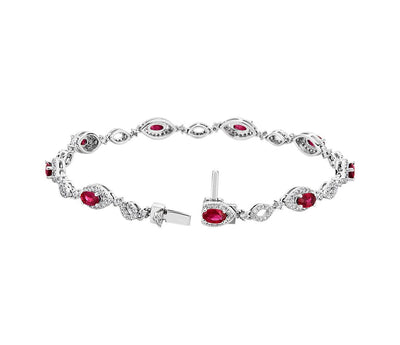 4.04 Oval Ruby and Round Diamond Bracelet in 14k White Gold