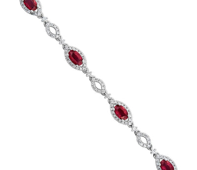 4.04 Oval Ruby and Round Diamond Bracelet in 14k White Gold