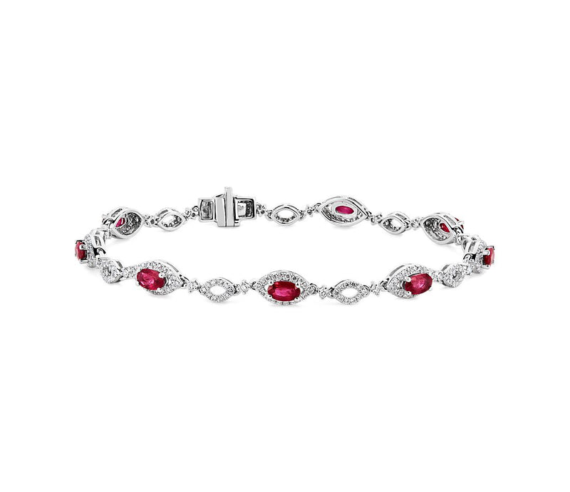 4.04 Oval Ruby and Round Diamond Bracelet in 14k White Gold