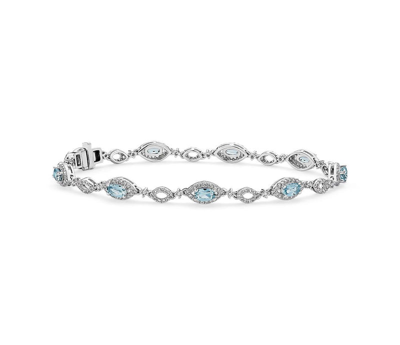 4.04 Oval Aquamarine and Round Diamond Bracelet in 14k White Gold